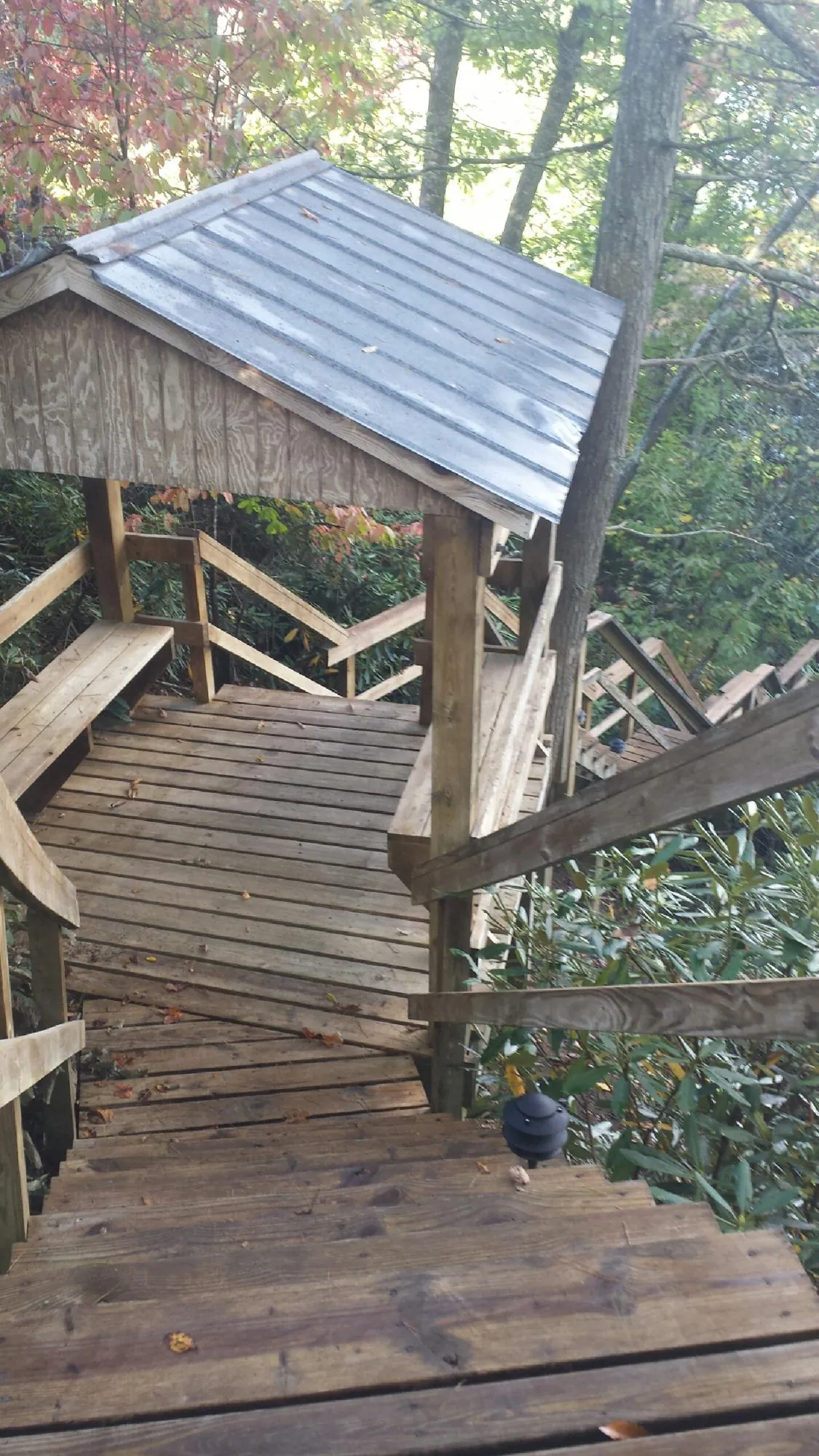 Metal roofed shelter over wooden steps on a wooded walkway — Skylight Repair & Installation work by our crew in Lake Villa